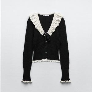 Zara Cardigan / White Ruffle Collar / Bow Trim